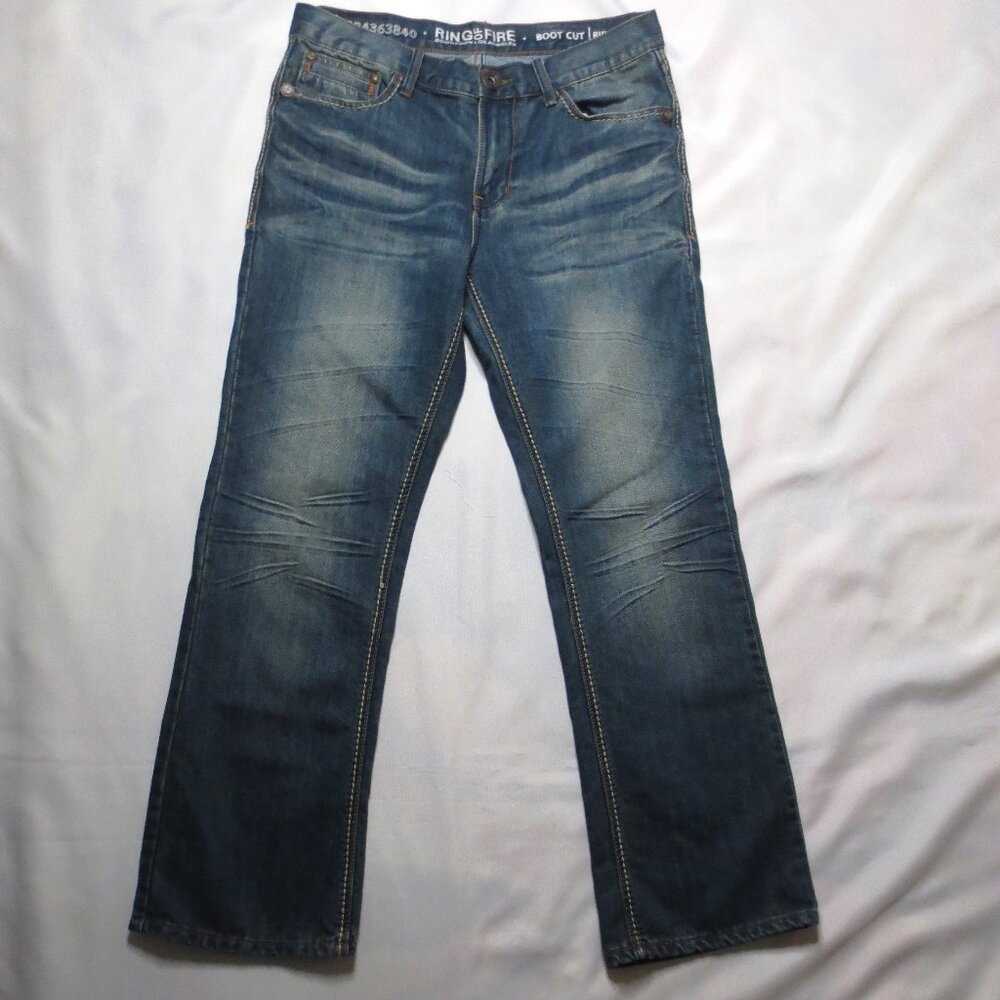 RING OF FIRE mens JEANS blue BOOTCUT zippers EMBROIDERED SIZE 34X30